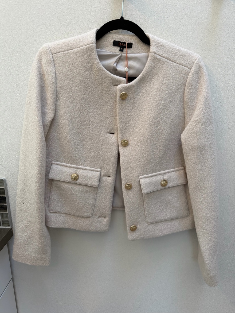 Quince Cream Bouclé Collarless Jacket with Gold Buttons